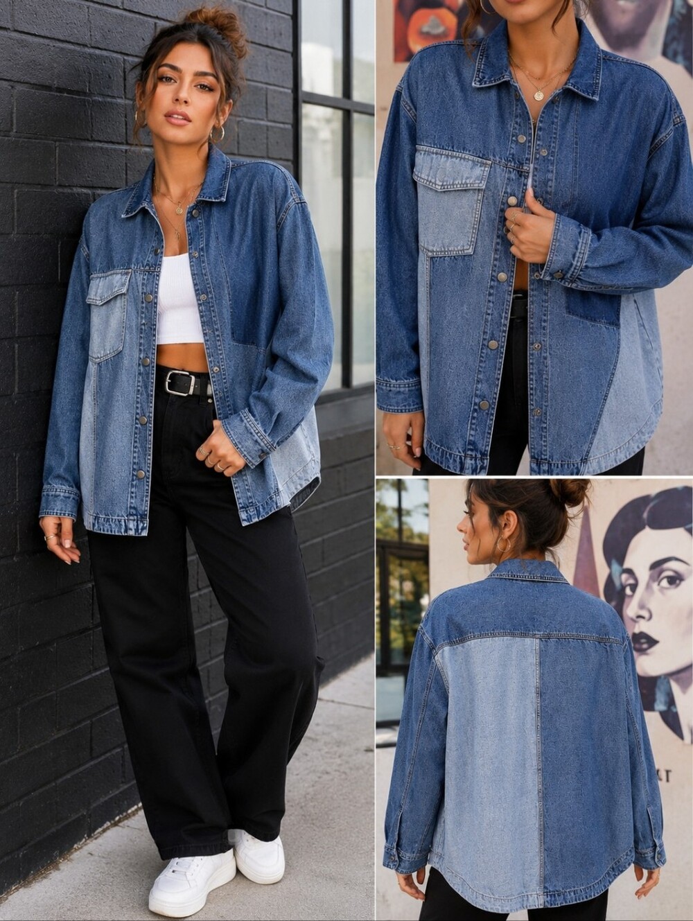 Nasty Gal Size 12 Patchwork Denim Jacket Colorblock Snap Front Oversized